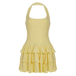 Built Basic Solid Color U Collar Halter Pleated Tiered Skirt Sexy Backless Dress Short Dress