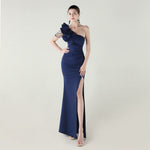 One Shoulder Craft Beading Wave Floral Satin High Slit Sexy Evening Dress Dinner Party Wedding Social