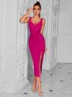 Elegant off Shoulder Slim Fit Figure Flattering Side Slit Pleated High Waist Strap Dress