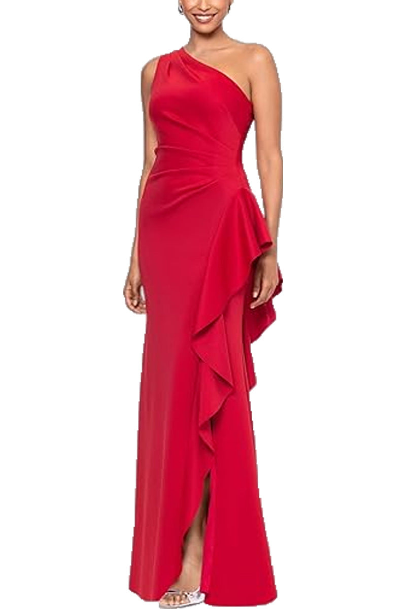 One Shoulder Elegant Solid Color Slim Waist Split Fishtail Side Ruffled Evening Dress