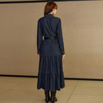 Women Clothing Denim Long Sleeve Breasted Waist Dress（Without Belt）