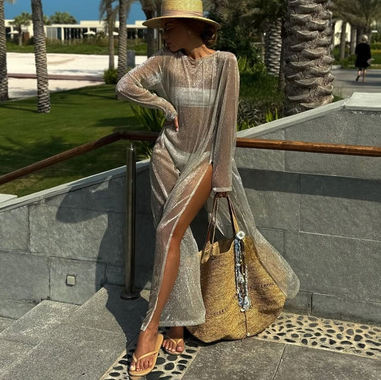 Women Clothing See through round Neck Long Sleeve Split Sun Protection Sexy Dress