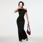 Women Clothing Sexy Socialite Dress Summer Off Shoulder Oblique Collar Black Formal Dress