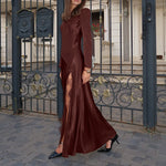 French Elegant Dress for Women Stitching Lace Split round Neck Long Sleeve High Waist Dress