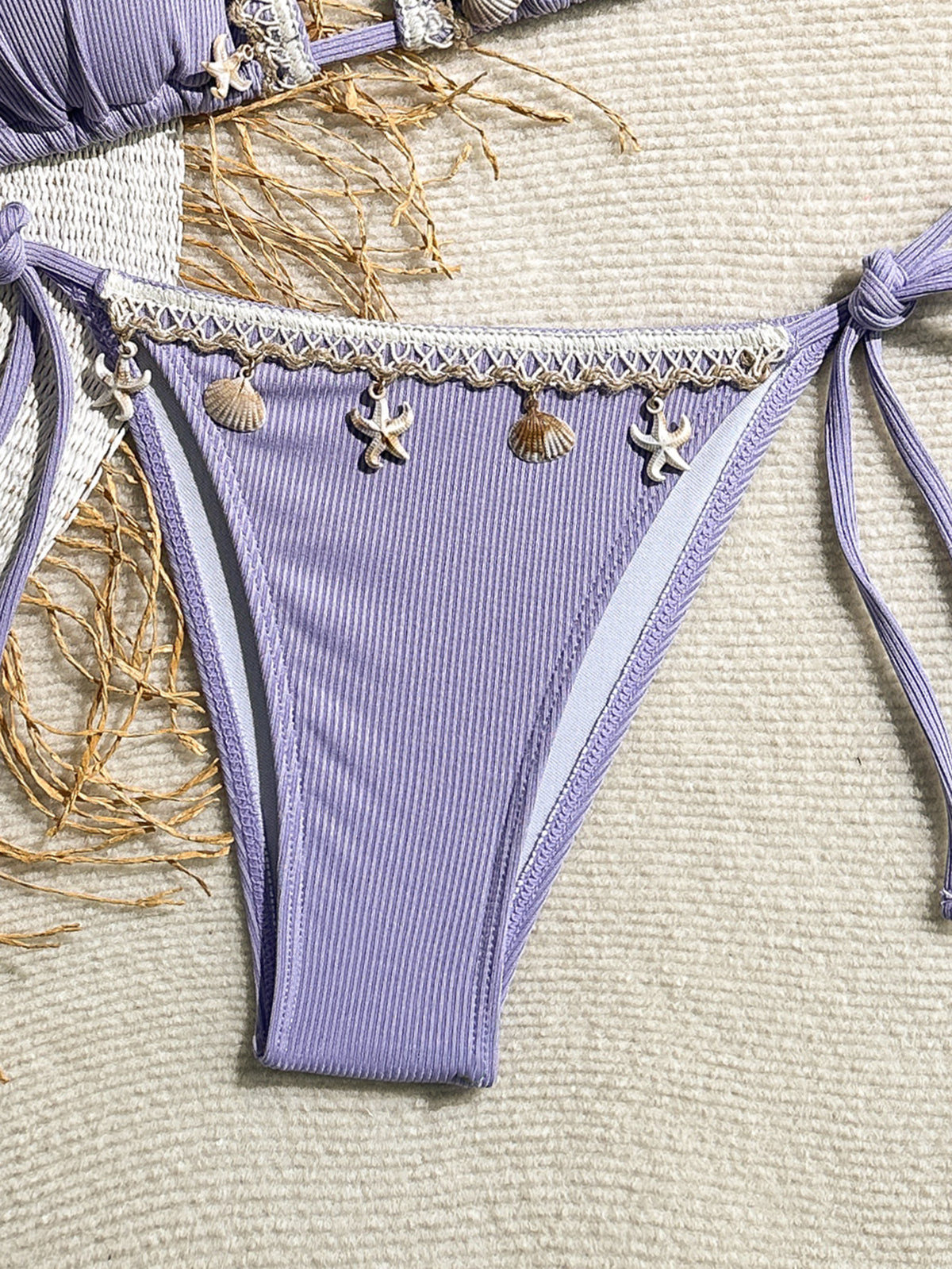 Shell Decoration Ribbed Bikini Women Swimwear Female Swimsuit Two-pieces Bikini Set Halter Strappy Bather Bathing Suit Swim Lady