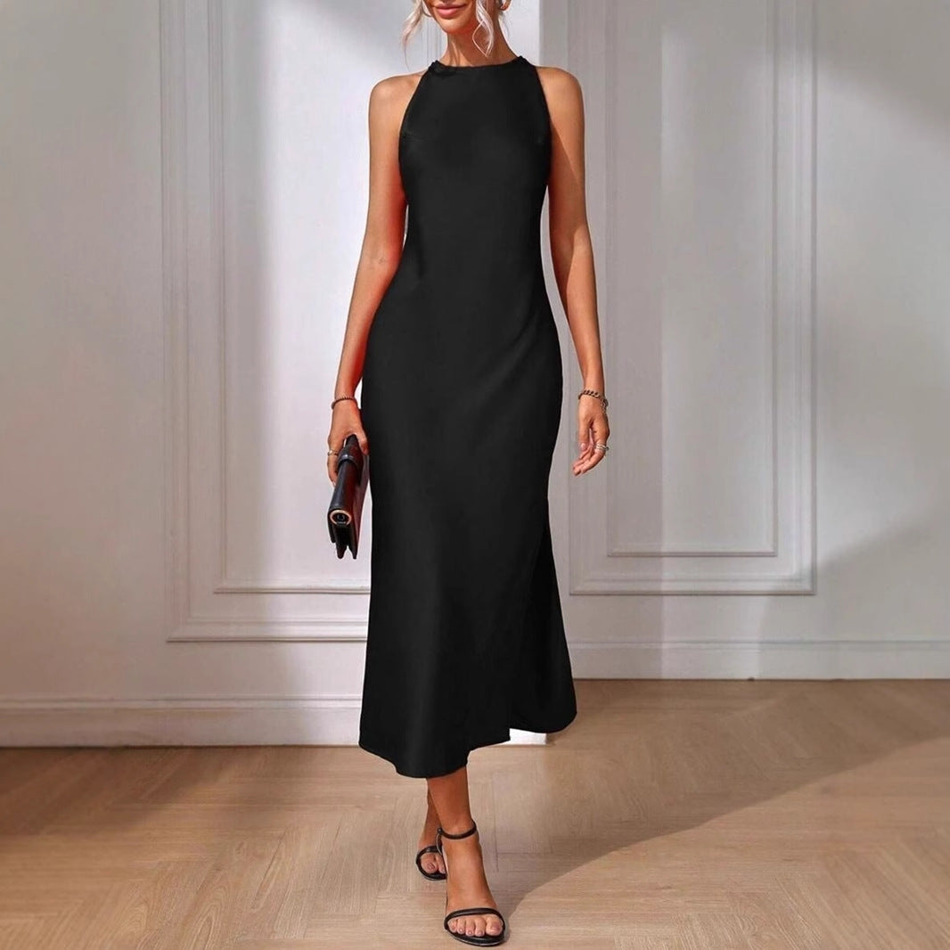 Satin Dress Women Clothing Spring Summer Sleeveless Split Satin Imitation Silk Maxi Dress