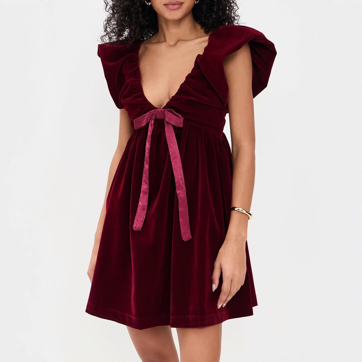 Autumn Winter V neck Bow Pleuche Party Women Dress