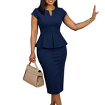 Women Wear Summer Solid Color Waist Tight Package Hip Short Sleeve Small V neck Flounce Dress