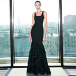 Elegant Black Shiny Silver Silk Fabric Rose Floral Dress Slim Fit Sexy Waist Trimming Sleeveless Light Gift Dress