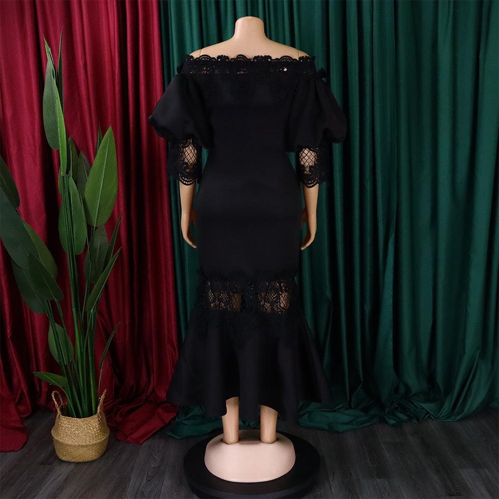 D368 cross-border women's fashion temperament lace off-the-shoulder fishtail party sexy party dress foreign trade dress