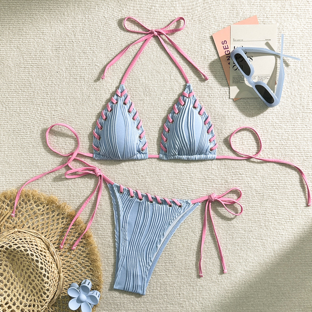2025 Halter Wrinkled Weave Bikini Women Swimwear Female Swimsuit Two Pieces Bikini Set Brazilian Bathing Suit Swim Beach Wear