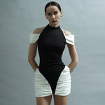 Summer Women Clothing Color Contrast Patchwork Sexy Hourglass Pleated Halter Dress Sleeveless Dress
