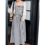 French Striped Bandeau Sling Dress Women High Grade off the Shoulder Pleated Waist Tight A line Long Summer