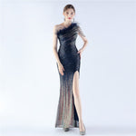 Gradient Sequin Craft Beaded Ostrich Feather Diagonal Collar One Shoulder Long Evening Dress