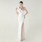 One Shoulder Craft Beading Wave Floral Satin High Slit Sexy Evening Dress Dinner Party Wedding Social