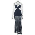 Sexy Women Clothing Backless Pleated Hip Dress Halter Wrapped Chest Cross Solid Color Maxi Dress