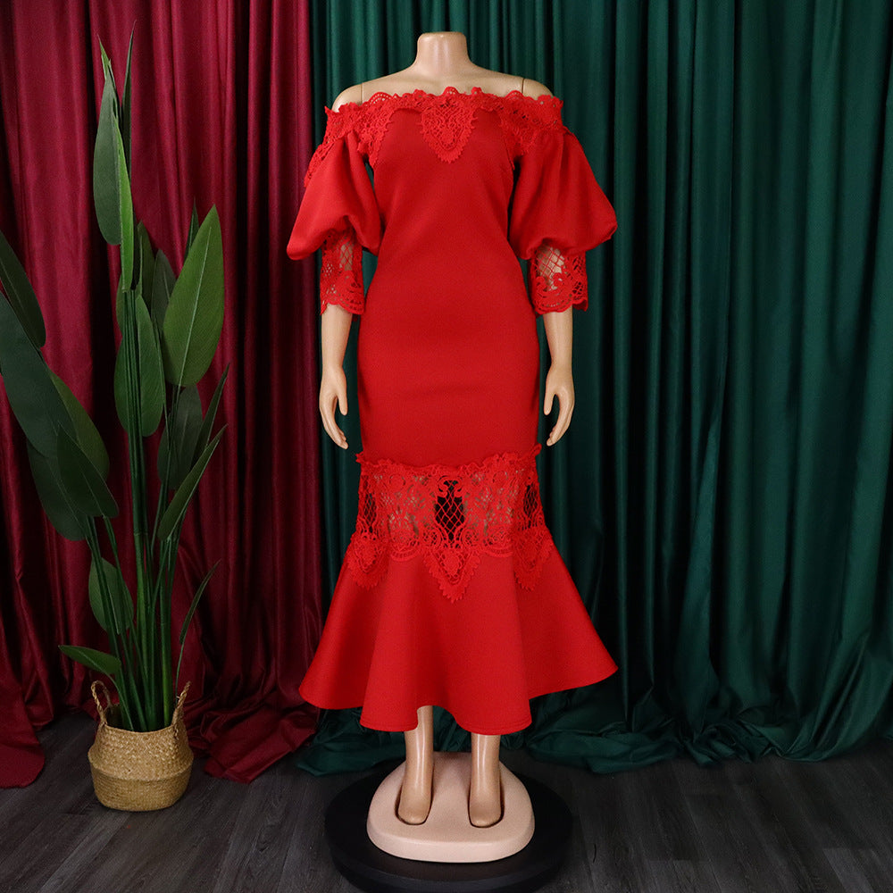 D368 cross-border women's fashion temperament lace off-the-shoulder fishtail party sexy party dress foreign trade dress