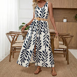 Vacation Maxi Dress with Belt Sleeveless Leaf Printed Dress