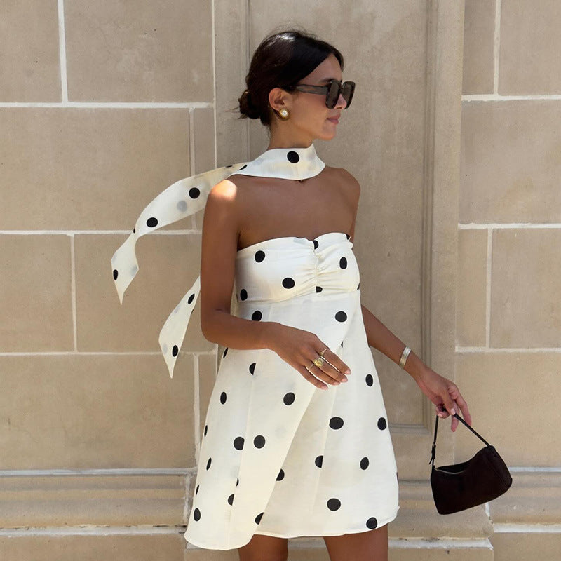 Elegant Expensive Tube Top Dress Loose Polka Dot Printed Short Dress with Scarf