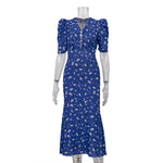 Women Clothing Digital Printing Summer French Short Sleeve Dress V neck Pleated High Waist Floral Maxi Dress