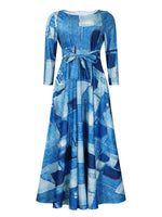 Women Clothing Spring Elegant Graceful Printed Lace up Large Dress