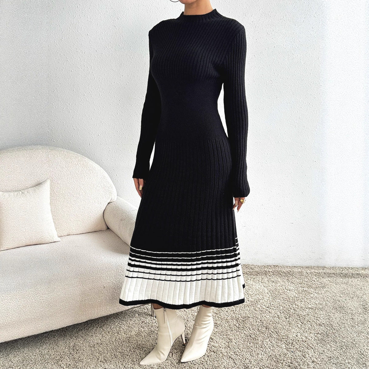 Women Clothing Underskirt Women Woolen Dress Black White Striped Pleated Dress Sweater Long Dress