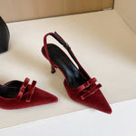 French Elegant Socialite Bow Suede Hollow Out Cutout Stiletto Heel Women Shoes Pointed Toe Buckle Shallow Mouth
