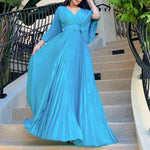 Women Clothing V neck Sexy Pleated Formal Swing Dress Maxi Dress