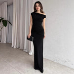 Summer Women Clothing Simple Intellectual Slant Shoulder Tight High Waist Pleated Split Dress