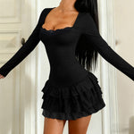 Square Collar Wooden Ear Mini Dress for Women Autumn Winter Long Sleeve Dress