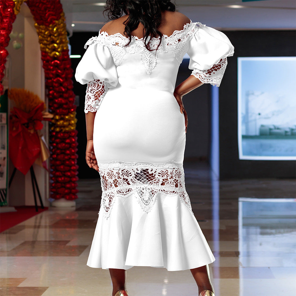 D368 cross-border women's fashion temperament lace off-the-shoulder fishtail party sexy party dress foreign trade dress
