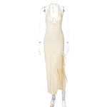 Women Clothing Winter Ruffled Sexy V neck Lace up Backless Dress