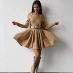 Round Neck Waist Trimming Knitted Dress Women All Match Advanced Pleated Woolen