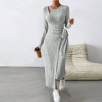 Autumn Winter Women Clothes Knitted Gray Dress Irregular Asymmetric Maxi Dress