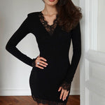 Adult Lady like Woman Autumn Winter V neck Lace Stitching Black Sexy Tight Milk Silk Hip Elegant Dress