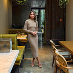Long Sleeve Fall Winter Sweater Dress Women Knitted round Neck Sunken Stripe Solid Color Tight Dress Women