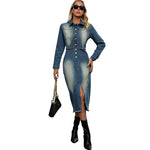 Women Clothing Sexy Long Sleeve Collared Split Tassel Midi Dress