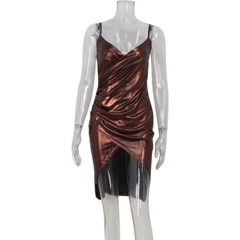 Sexy Women Clothing Tight Figure V neck High Grade Bronzing High Waist Slit Hip Spaghetti Straps Dress