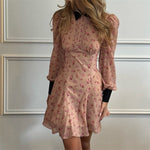 Printing Color Contrast French Dress Women Design Pleated Collared Long Sleeve High Waist A line Dress