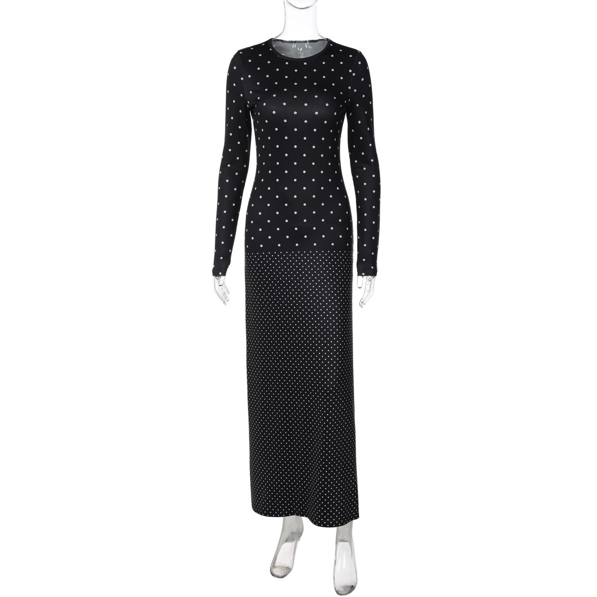 Women Autumn Long Sleeve round Neck Polka Dot Slim Fit Maxi Dress Casual Sheath Dress