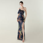 Sequin Mesh Craft Beaded Evening Dress off the Shoulder High Slit Fishtail Dress Swing Cocktail Social Socialite