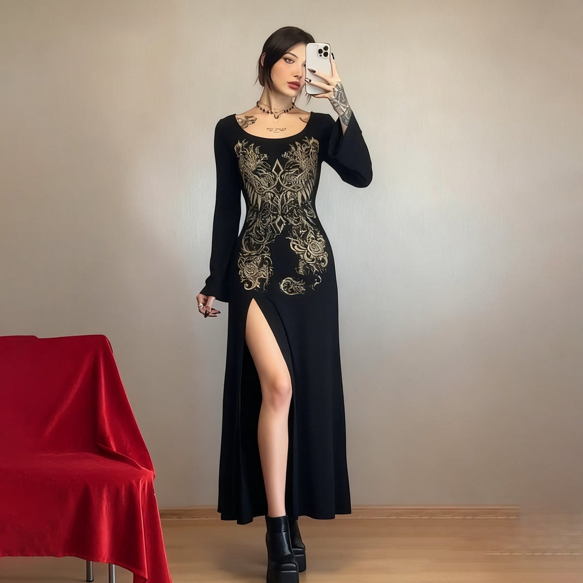 Arrival Dark Street Retro Printed Sexy Long Sleeved Dress Women Split Niche Dress