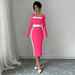 Women Clothing Stitching Contrast Color Midi Dress Sexy Sheath Long Sleeve Dress