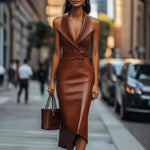 Women Wear Elegant Graceful Waist Belt Irregular Asymmetric Hip Faux Leather Dress