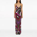 Summer Printed Satin Strap Backless Maxi Dress Women