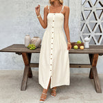 French Vacation Slit Solid Color Smocking Cami Dress