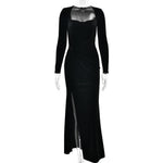 Women Clothing Sexy Slit Square Collar Dress Fashionable Elegant Velvet Pleated Dress