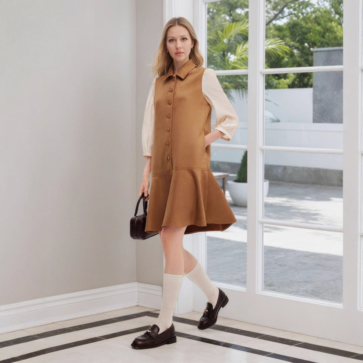 Fashionable Elegant Girls Autumn Suede Spun Yarn Slimming Short Cropped Puff Sleeve Waist Slimming Dress