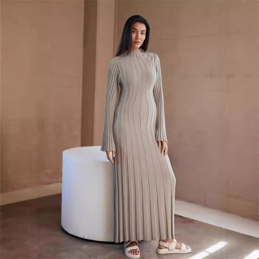 Autumn Winter Knitted Dress Casual Waist Tight round Neck Large Pit High Collar Slimming Knitted Maxi Dress for Women