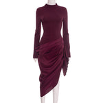 Women Clothing Autumn Winter Elegant Solid Color Waist Tight Irregular Asymmetric Oblique Swing Mid Length Dress